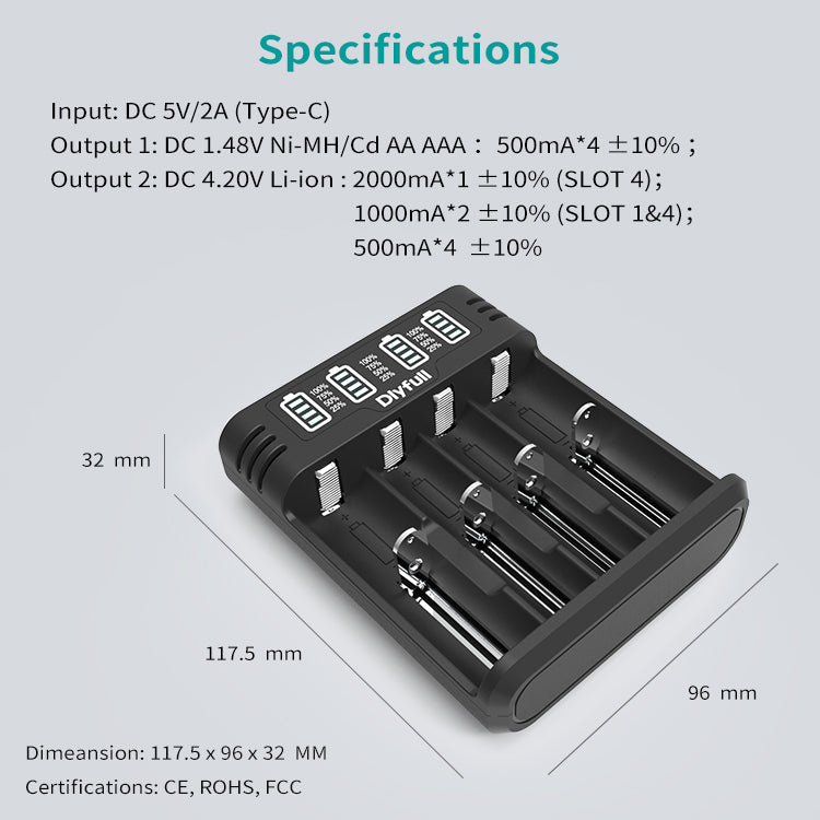 Dlyfull M4S 4 Bays USB Universal Charger For 3.6/3.7V Li-ion LiFePO4、1.2V Ni-Mh/cd Batteries