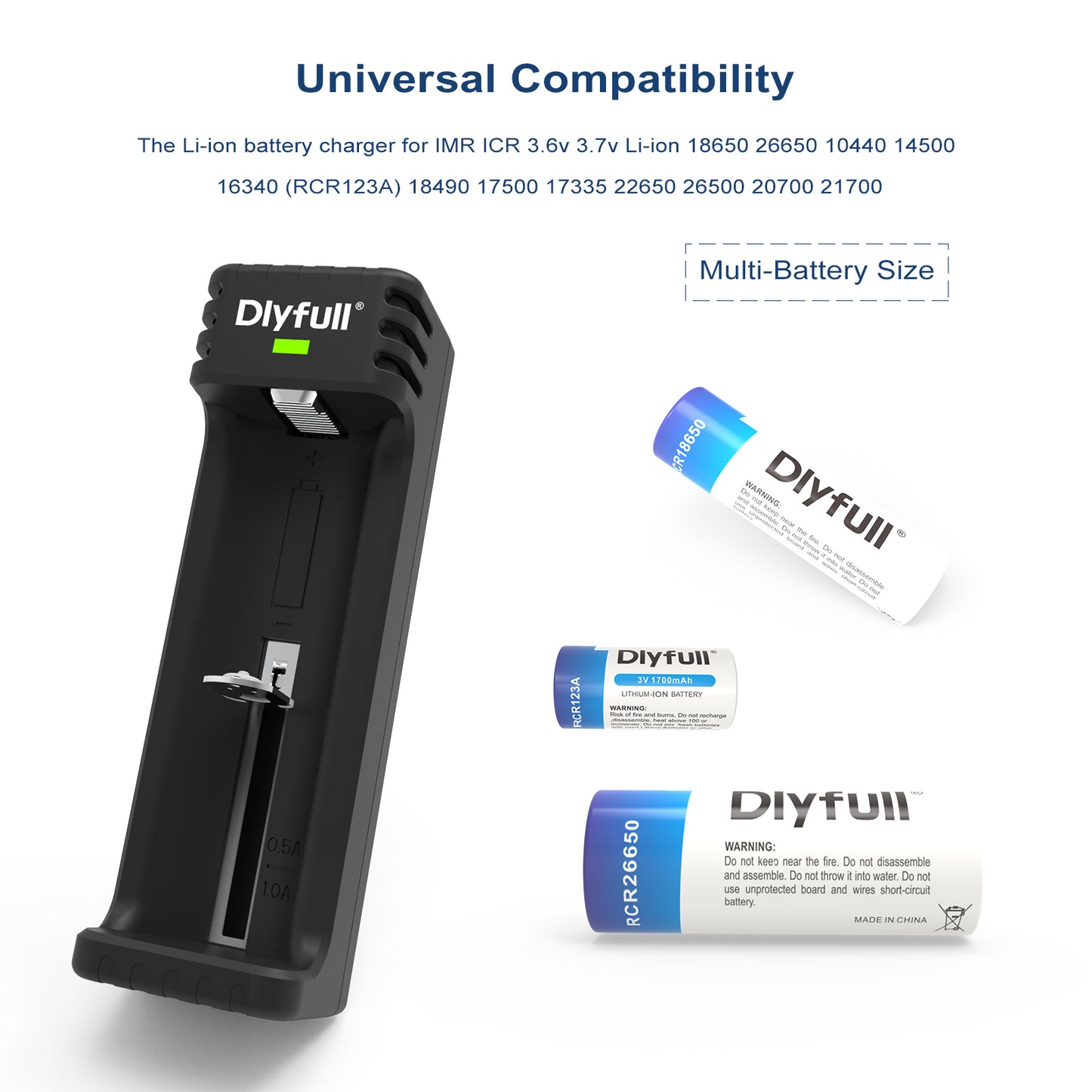 Dlyfull U1 1 Bay USB Uniersal LED Indication Charger Mini Design For 10340、18650、26650 etc.