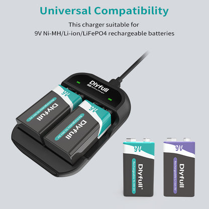 Dlyfull U9V 2 Bays USB 9V Battery Charger For Ni-MH/Ni-CD/Li-ion/LiFePO4 9V Batteries