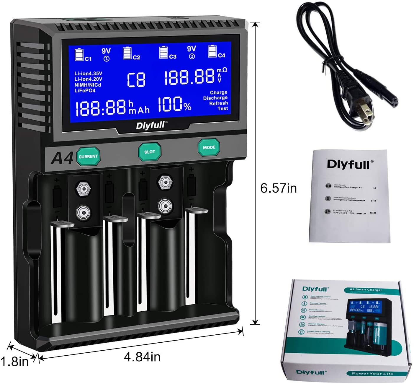 Dlyfull Smart A4 6 slots Universal Ni-MH Li-ion LiFePO4 Battery Charger with Discharge Test Function