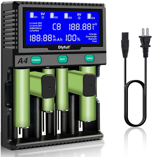 Dlyfull Smart A4 Chargeur de batterie universel Ni-MH Li-ion LiFePO4 à 6 emplacements avec fonction de test de décharge