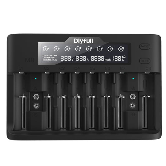 Dlyfull M8 10 Slots Universal Battery Charger for Ni-MH Li-ion LiFePO4 AA AAA C 9V 18650 21700 Battery with 8A Fast Charging