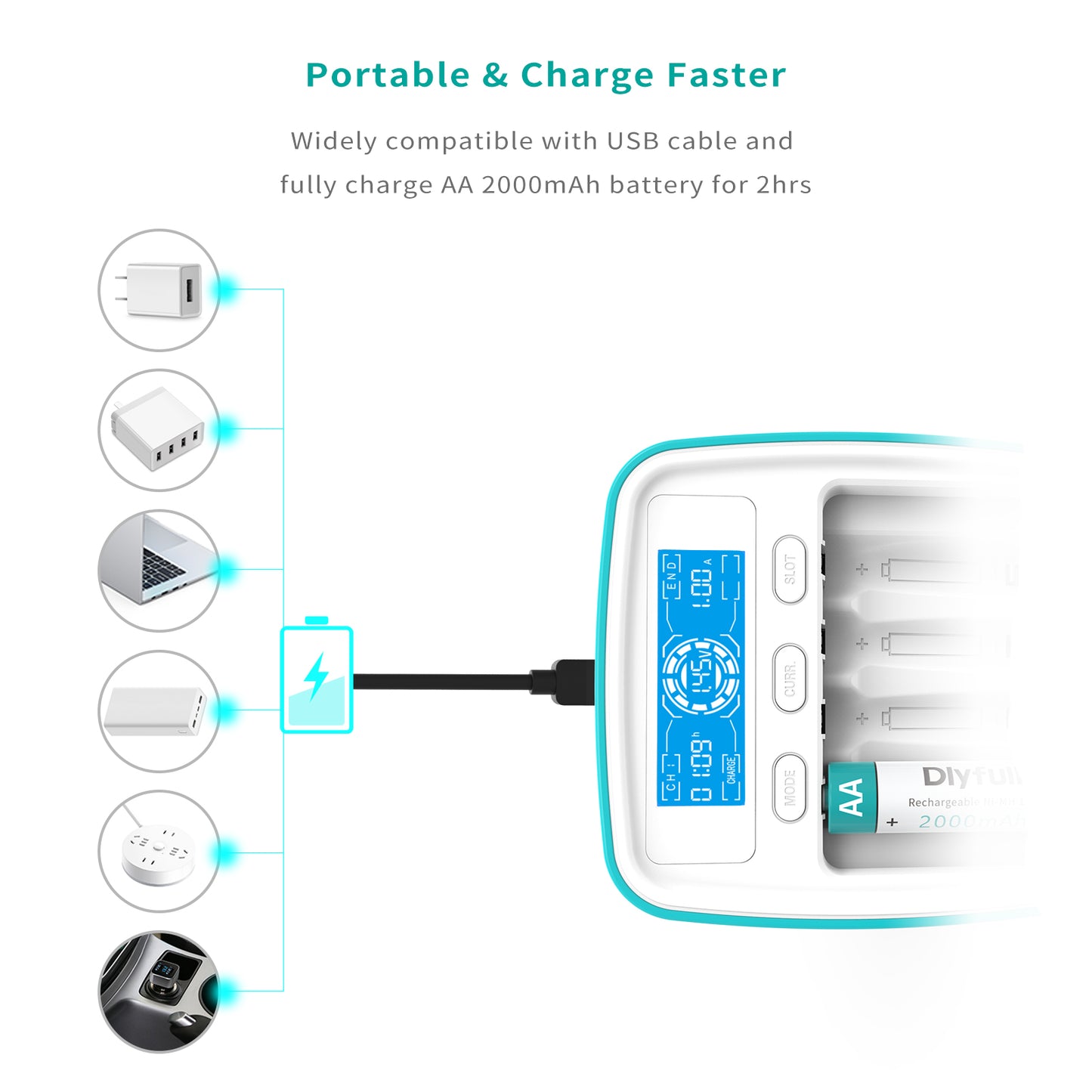 Chargeur de batterie Dlyfull UT1 chargeur USB chargeur Ni-MH pour piles AA AAA avec fonction de test de capacité d'affichage LCD